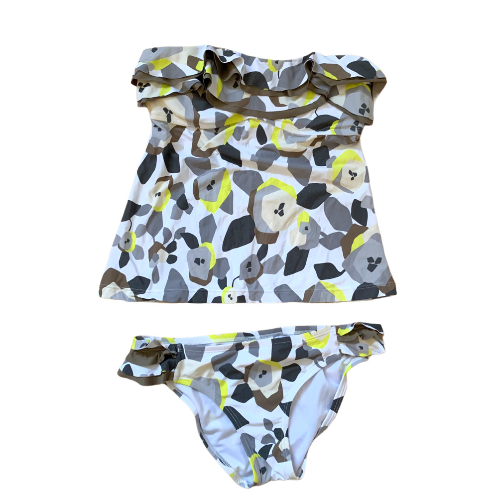 Perry Ellis Tankini Swimsuit Flounce Ruffle Mod Geometric Floral S Small - Picture 1 of 10